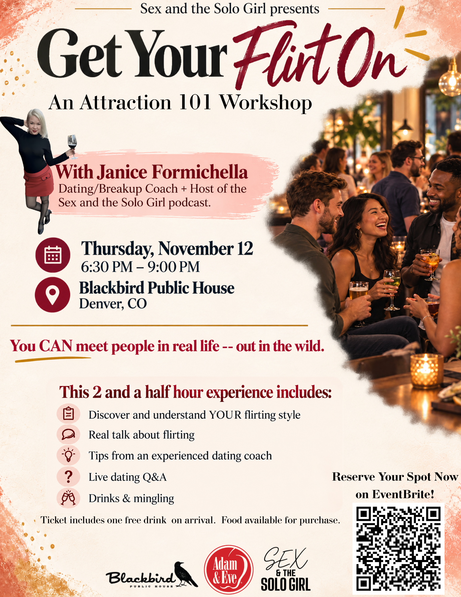 Ticket includes one free drink on arrival. Food available for purchase